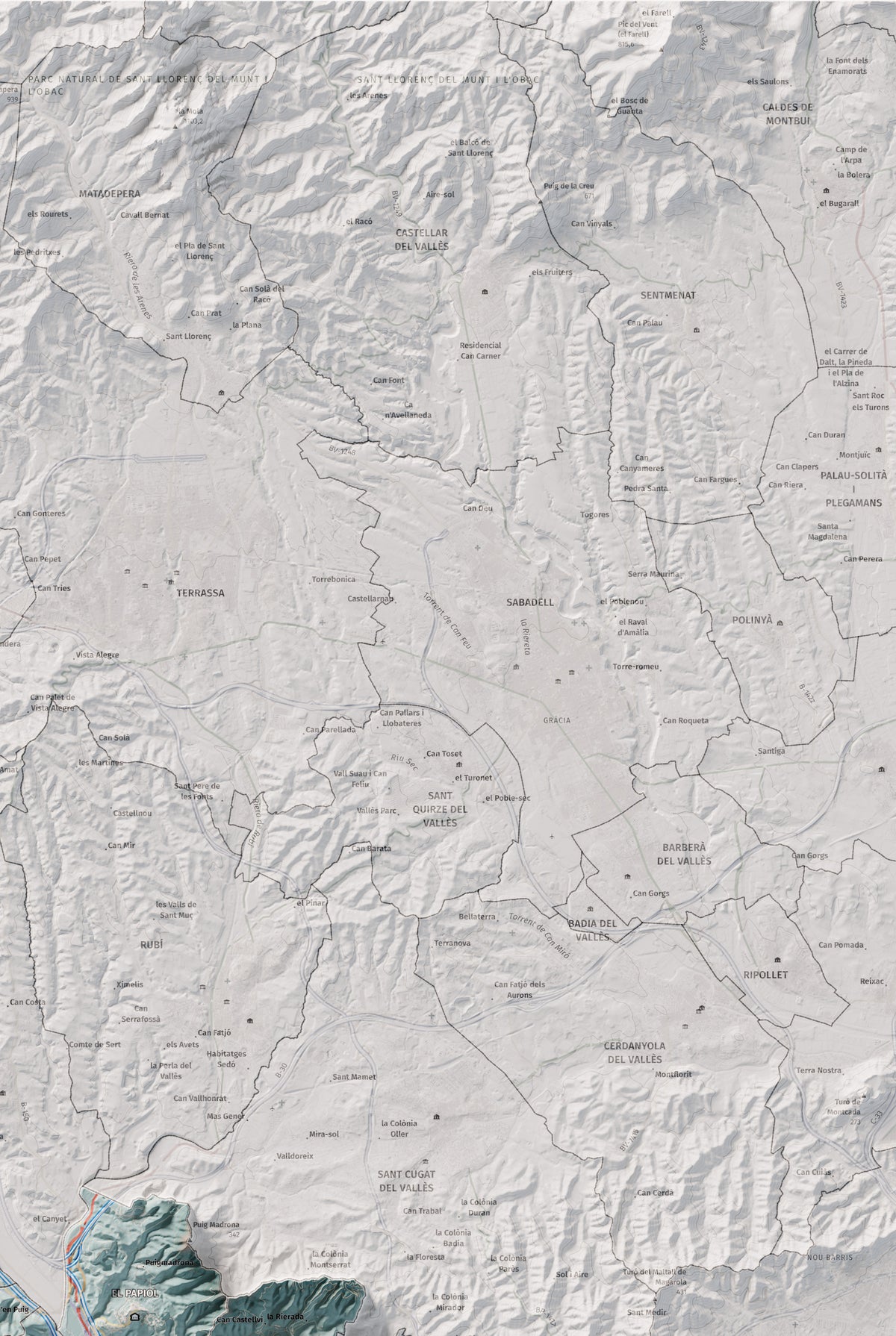 Mapa de relleu del Baix Llobregat, amb el territori en color i l’entorn en blanc. Detall de la part superior dreta. 61 × 91 cm. Estil Blau i taronja.