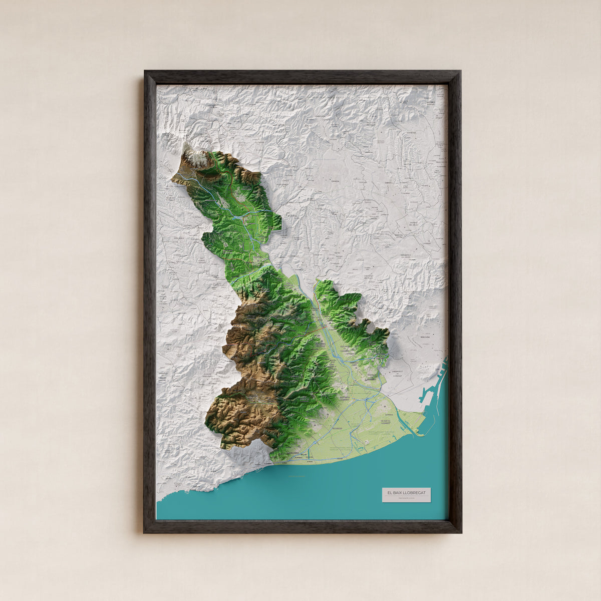 Mapa de relleu del Baix Llobregat, amb el territori en color i l’entorn en blanc. Presentació amb marc. 61 × 91 cm. Estil Clàssic.