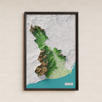 Mapa de relleu del Baix Llobregat, amb el territori en color i l’entorn en blanc. Presentació amb marc. 61 × 91 cm. Estil Clàssic.