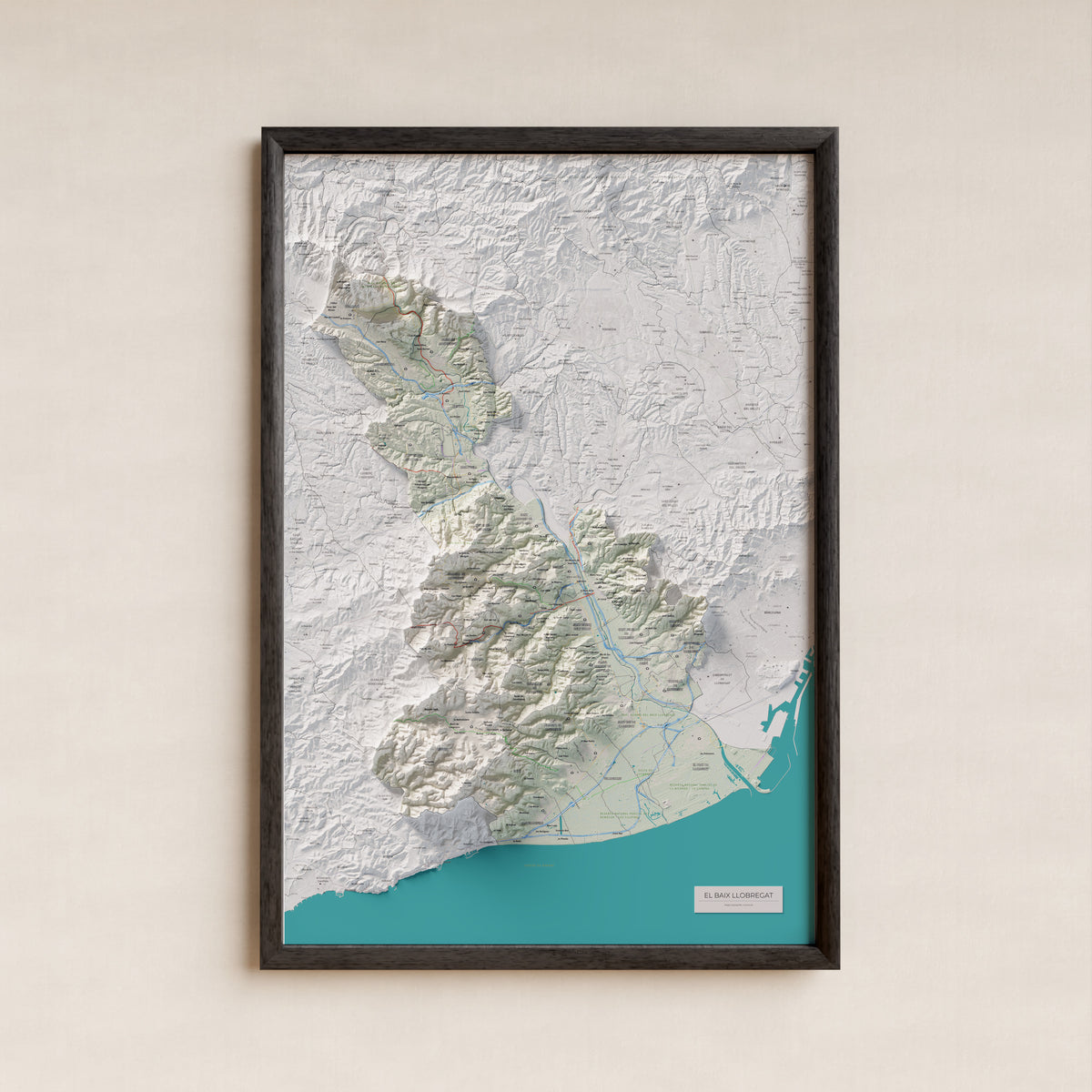 Mapa de relleu del Baix Llobregat, amb el territori en color i l’entorn en blanc. Presentació amb marc. 61 × 91 cm. Estil Cartogràfic.