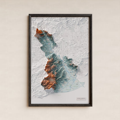 Mapa de relleu del Baix Llobregat, amb el territori en color i l’entorn en blanc. Presentació amb marc. 61 × 91 cm. Estil Blau i taronja.