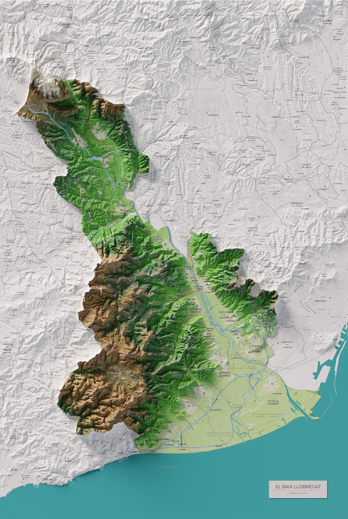 Mapa de relleu del Baix Llobregat, amb el territori en color i l’entorn en blanc. Vista completa de la làmina. 61 × 91 cm. Estil Clàssic.