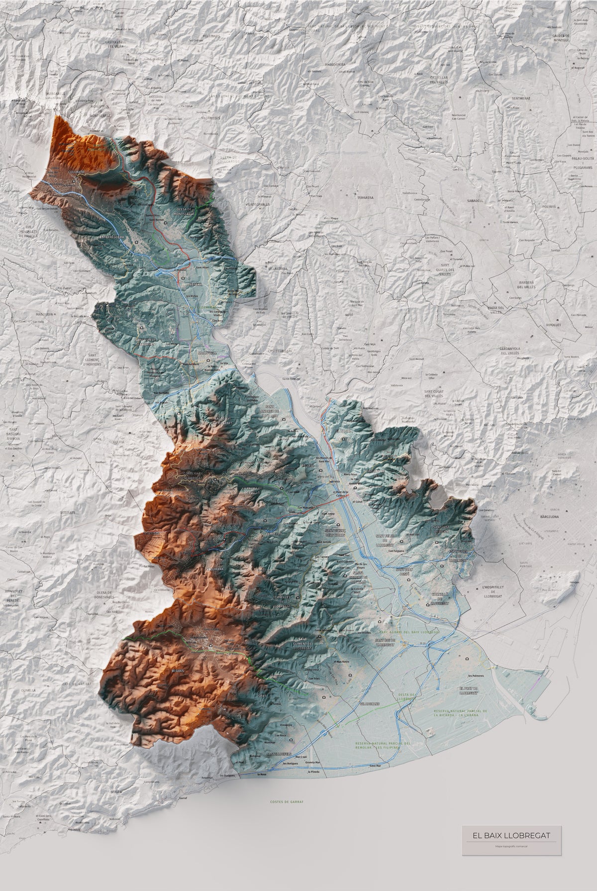 Mapa de relleu del Baix Llobregat, amb el territori en color i l’entorn en blanc. Vista completa de la làmina. 61 × 91 cm. Estil Blau i taronja.