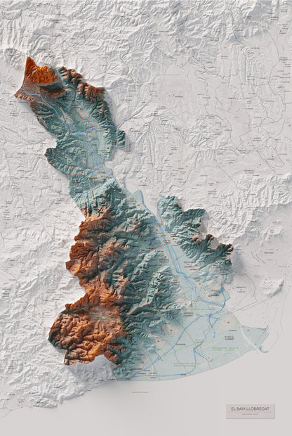 Mapa de relleu del Baix Llobregat, amb el territori en color i l’entorn en blanc. Vista completa de la làmina. 61 × 91 cm. Estil Blau i taronja.