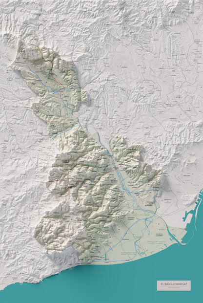 Mapa de relleu del Baix Llobregat, amb el territori en color i l’entorn en blanc. Vista completa de la làmina. 61 × 91 cm. Estil Cartogràfic.
