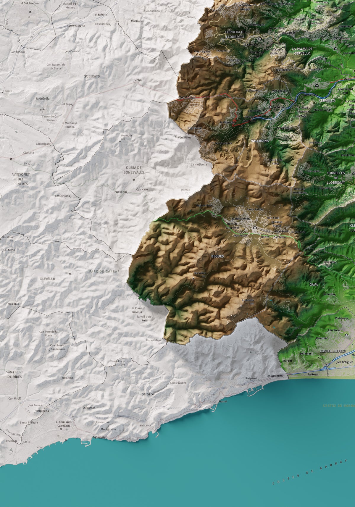 Mapa de relleu del Baix Llobregat, amb el territori en color i l’entorn en blanc. Detall de la part inferior esquerra. 70 × 100 cm. Estil Clàssic.