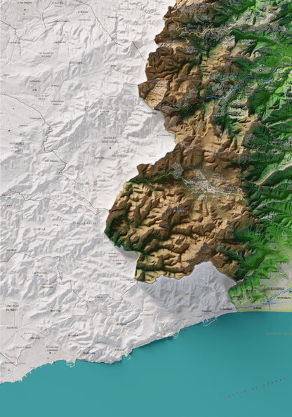 Mapa de relleu del Baix Llobregat, amb el territori en color i l’entorn en blanc. Detall de la part inferior esquerra. 70 × 100 cm. Estil Clàssic.