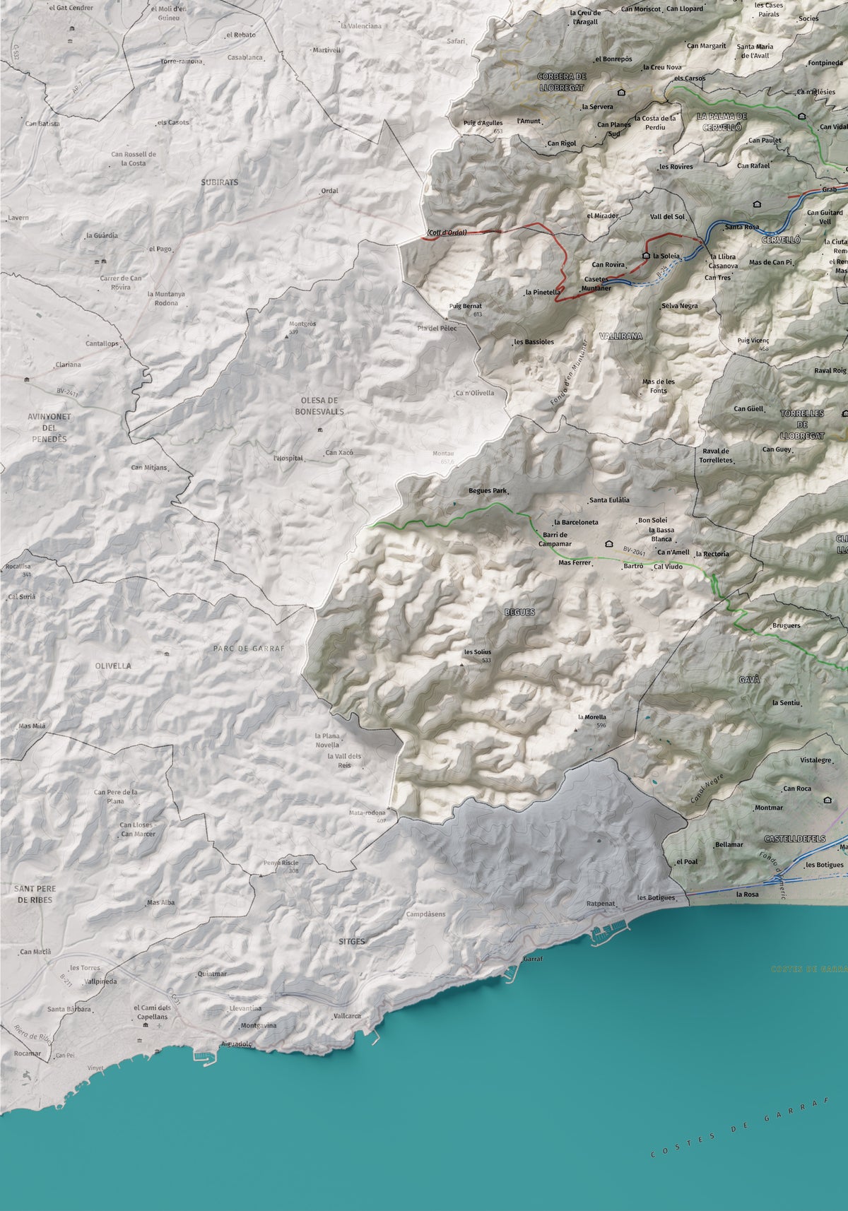 Mapa de relleu del Baix Llobregat, amb el territori en color i l’entorn en blanc. Detall de la part inferior esquerra. 70 × 100 cm. Estil Cartogràfic.