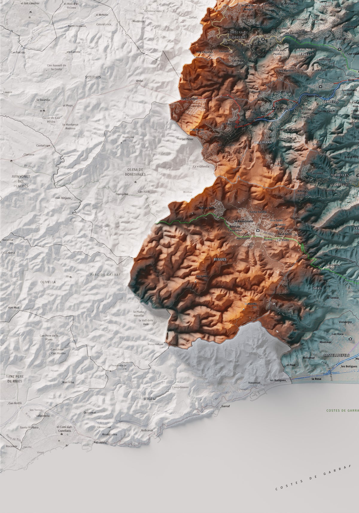 Mapa de relleu del Baix Llobregat, amb el territori en color i l’entorn en blanc. Detall de la part inferior esquerra. 70 × 100 cm. Estil Blau i taronja.