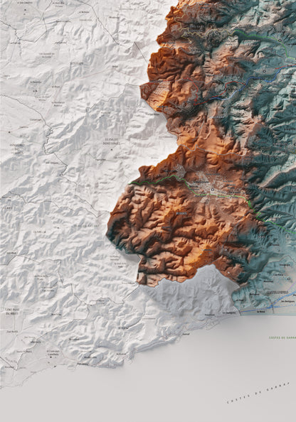 Mapa de relleu del Baix Llobregat, amb el territori en color i l’entorn en blanc. Detall de la part inferior esquerra. 70 × 100 cm. Estil Blau i taronja.