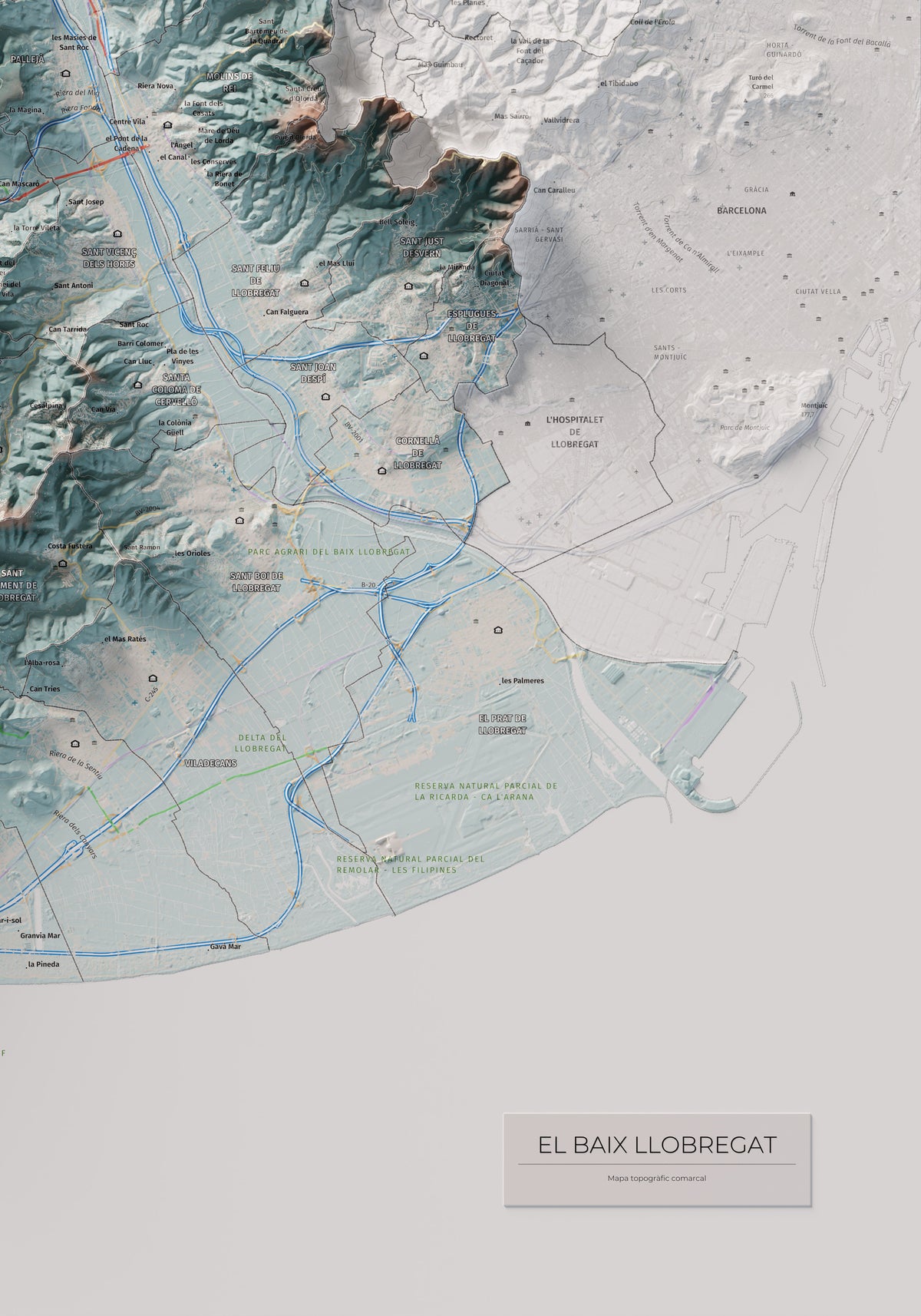 Mapa de relleu del Baix Llobregat, amb el territori en color i l’entorn en blanc. Detall de la part inferior dreta. 70 × 100 cm. Estil Blau i taronja.