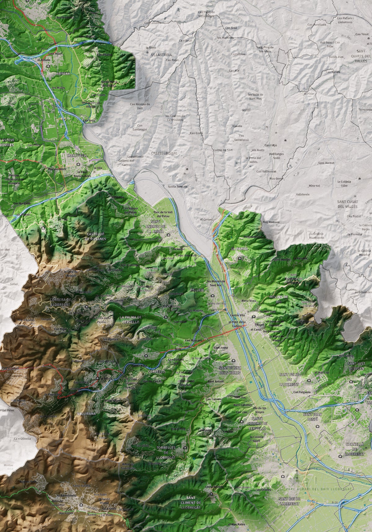 Mapa de relleu del Baix Llobregat, amb el territori en color i l’entorn en blanc. Detall de la part central. 70 × 100 cm. Estil Clàssic.