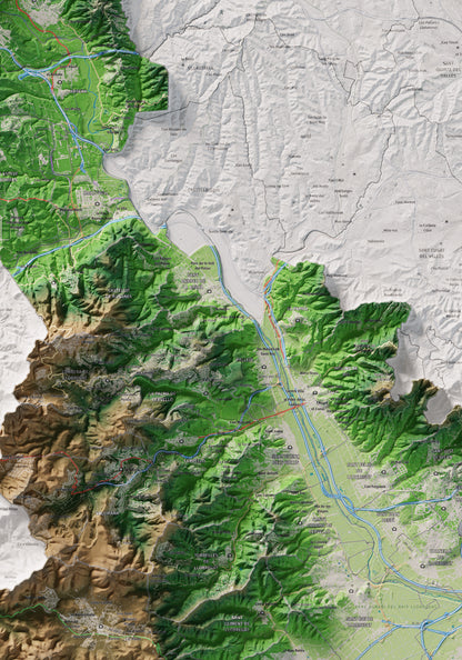 Mapa de relleu del Baix Llobregat, amb el territori en color i l’entorn en blanc. Detall de la part central. 70 × 100 cm. Estil Clàssic.