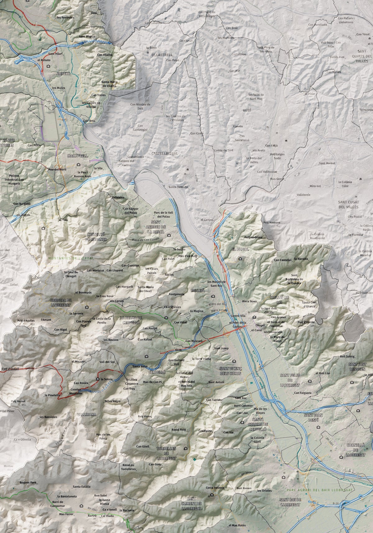 Mapa de relleu del Baix Llobregat, amb el territori en color i l’entorn en blanc. Detall de la part central. 70 × 100 cm. Estil Cartogràfic.