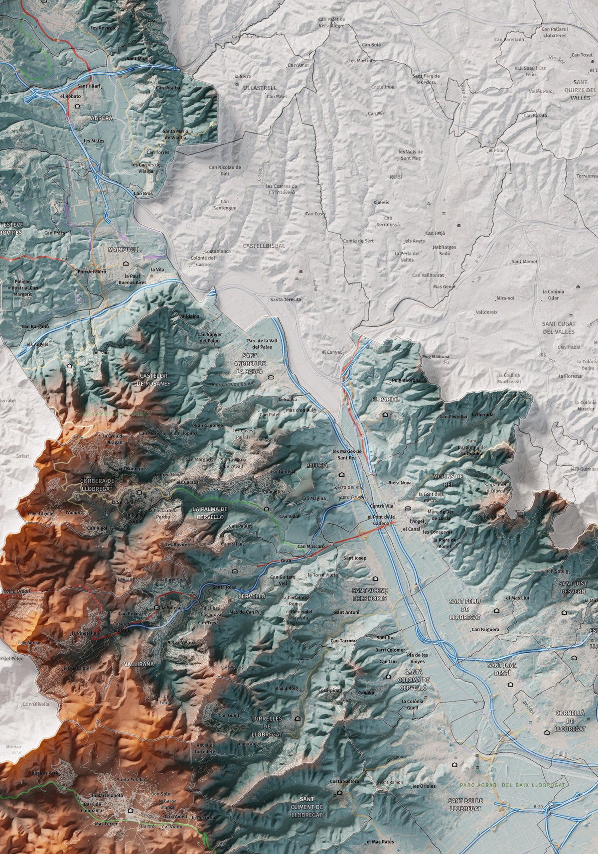 Mapa de relleu del Baix Llobregat, amb el territori en color i l’entorn en blanc. Detall de la part central. 70 × 100 cm. Estil Blau i taronja.