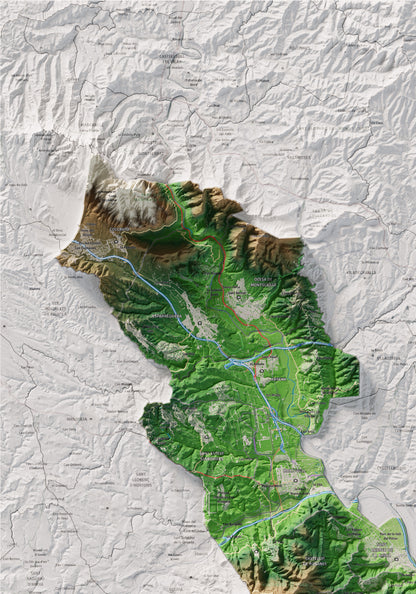 Mapa de relleu del Baix Llobregat, amb el territori en color i l’entorn en blanc. Detall de la part superior esquerra. 70 × 100 cm. Estil Clàssic.