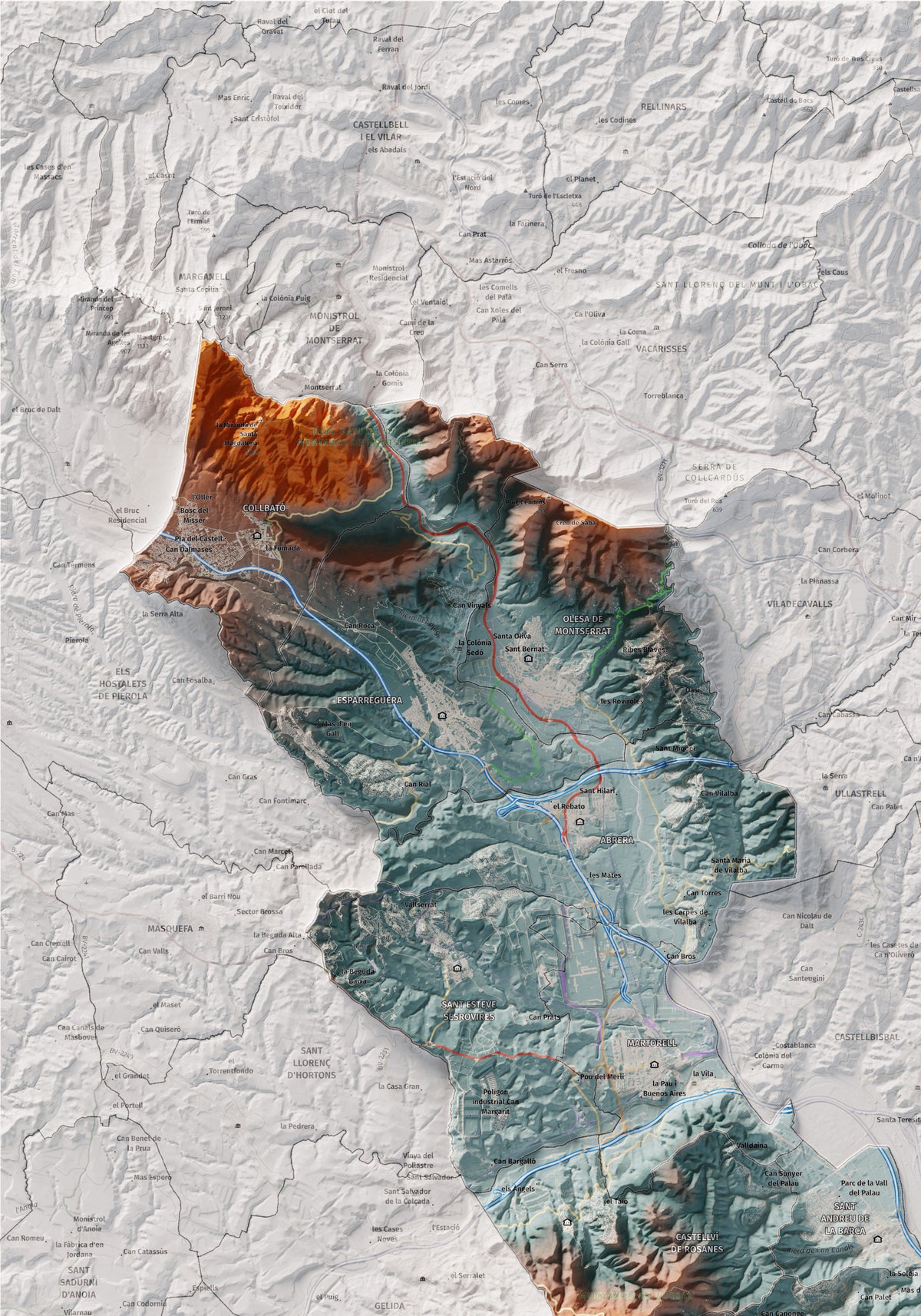 Mapa de relleu del Baix Llobregat, amb el territori en color i l’entorn en blanc. Detall de la part superior esquerra. 70 × 100 cm. Estil Blau i taronja.