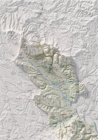 Mapa de relleu del Baix Llobregat, amb el territori en color i l’entorn en blanc. Detall de la part superior esquerra. 70 × 100 cm. Estil Cartogràfic.