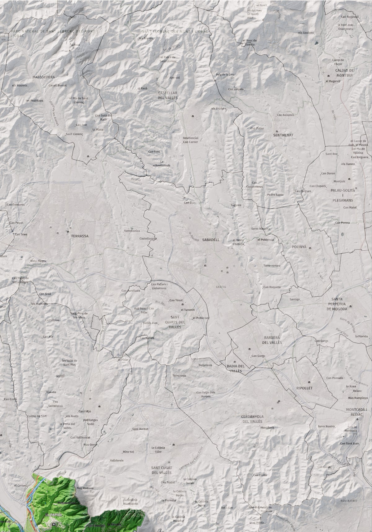Mapa de relleu del Baix Llobregat, amb el territori en color i l’entorn en blanc. Detall de la part superior dreta. 70 × 100 cm. Estil Clàssic.
