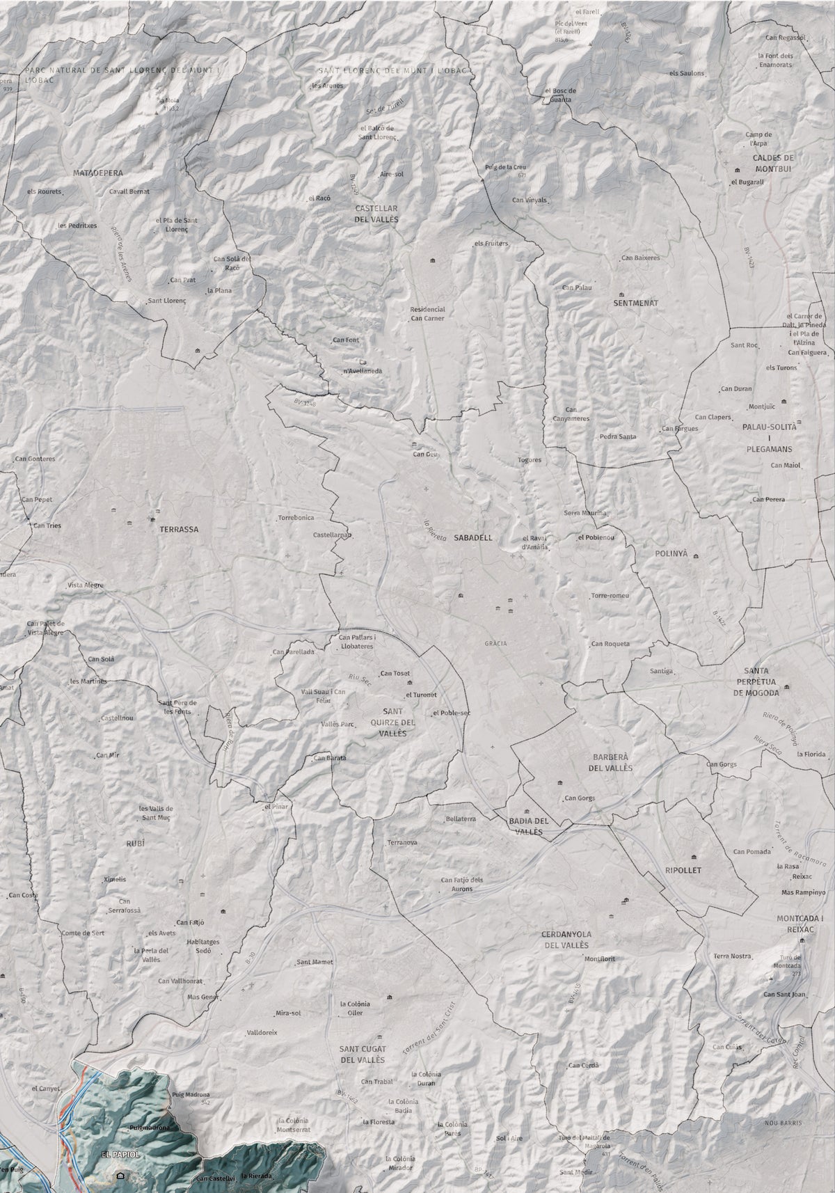 Mapa de relleu del Baix Llobregat, amb el territori en color i l’entorn en blanc. Detall de la part superior dreta. 70 × 100 cm. Estil Blau i taronja.