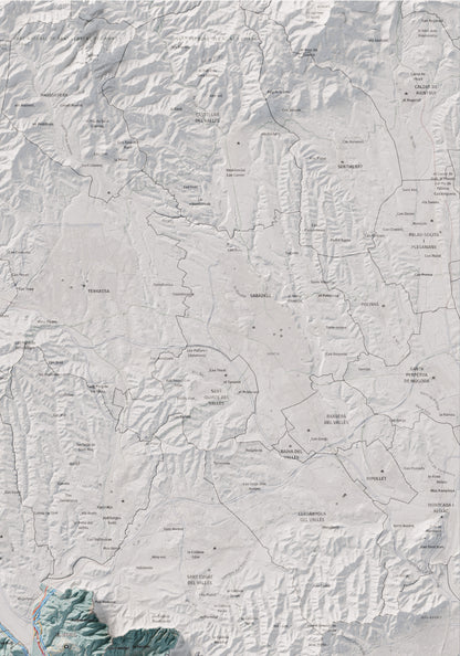 Mapa de relleu del Baix Llobregat, amb el territori en color i l’entorn en blanc. Detall de la part superior dreta. 70 × 100 cm. Estil Blau i taronja.