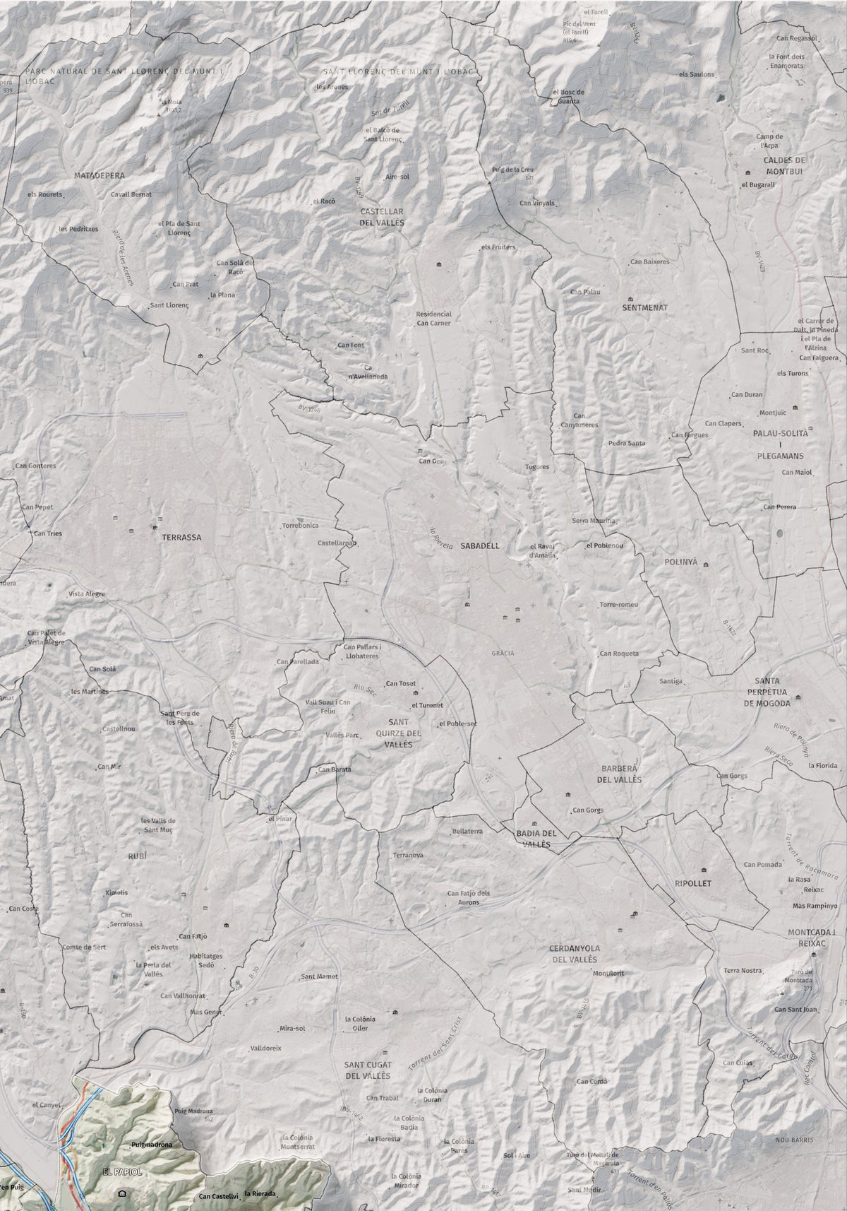Mapa de relleu del Baix Llobregat, amb el territori en color i l’entorn en blanc. Detall de la part superior dreta. 70 × 100 cm. Estil Cartogràfic.