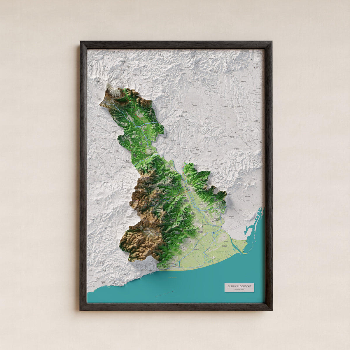 Mapa de relleu del Baix Llobregat, amb el territori en color i l’entorn en blanc. Presentació amb marc. 70 × 100 cm. Estil Clàssic.