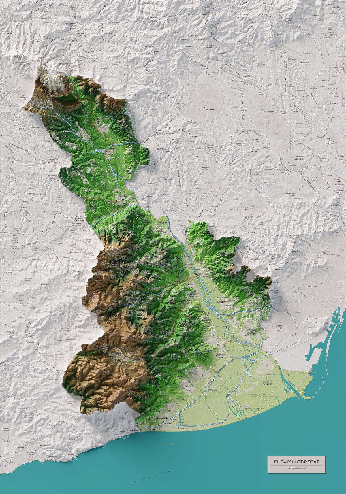 Mapa de relleu del Baix Llobregat, amb el territori en color i l’entorn en blanc. Vista completa de la làmina. 70 × 100 cm. Estil Clàssic.