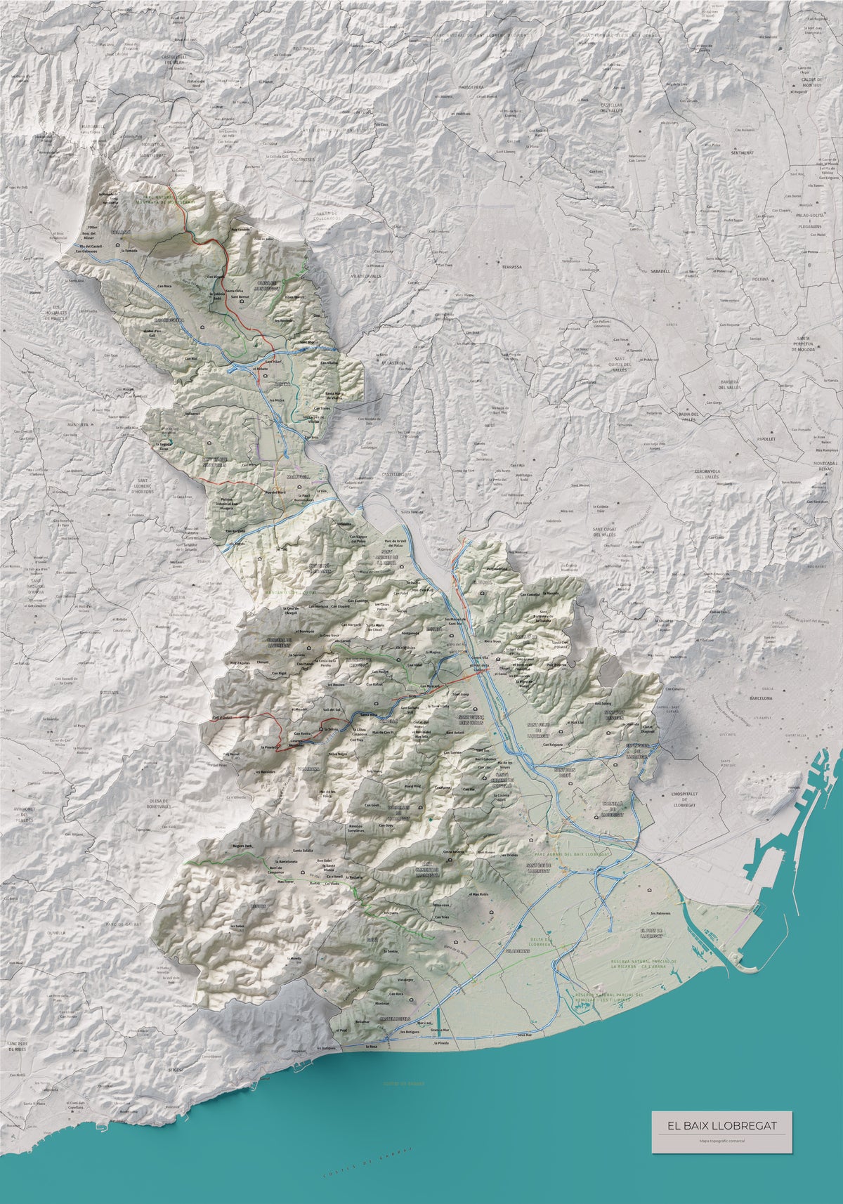 Mapa de relleu del Baix Llobregat, amb el territori en color i l’entorn en blanc. Vista completa de la làmina. 70 × 100 cm. Estil Cartogràfic.