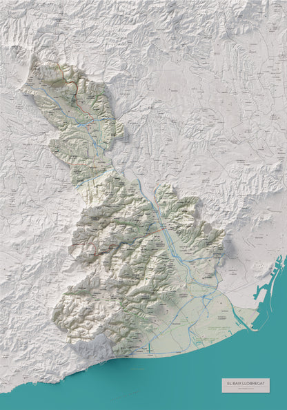 Mapa de relleu del Baix Llobregat, amb el territori en color i l’entorn en blanc. Vista completa de la làmina. 70 × 100 cm. Estil Cartogràfic.