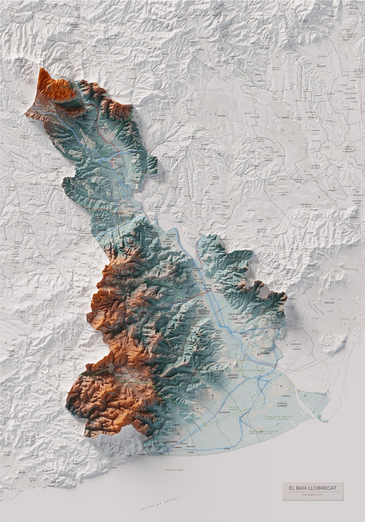 Mapa de relleu del Baix Llobregat, amb el territori en color i l’entorn en blanc. Vista completa de la làmina. 70 × 100 cm. Estil Blau i taronja.