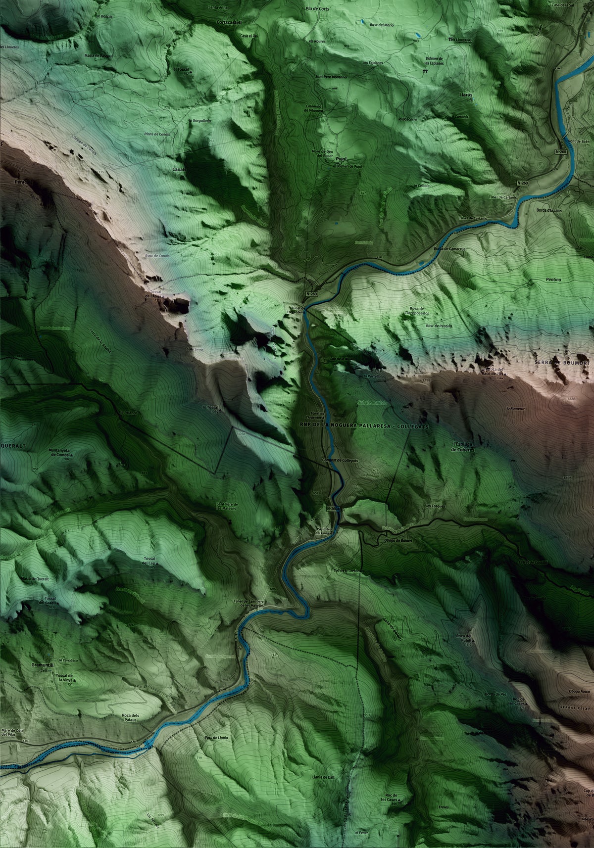 Mapa artístico del relieve de Baix Pallars, al Pallars Sobirà, con 15 km de entorno y base topográfica ICGC. Detalle de la zona inferior izquierda.