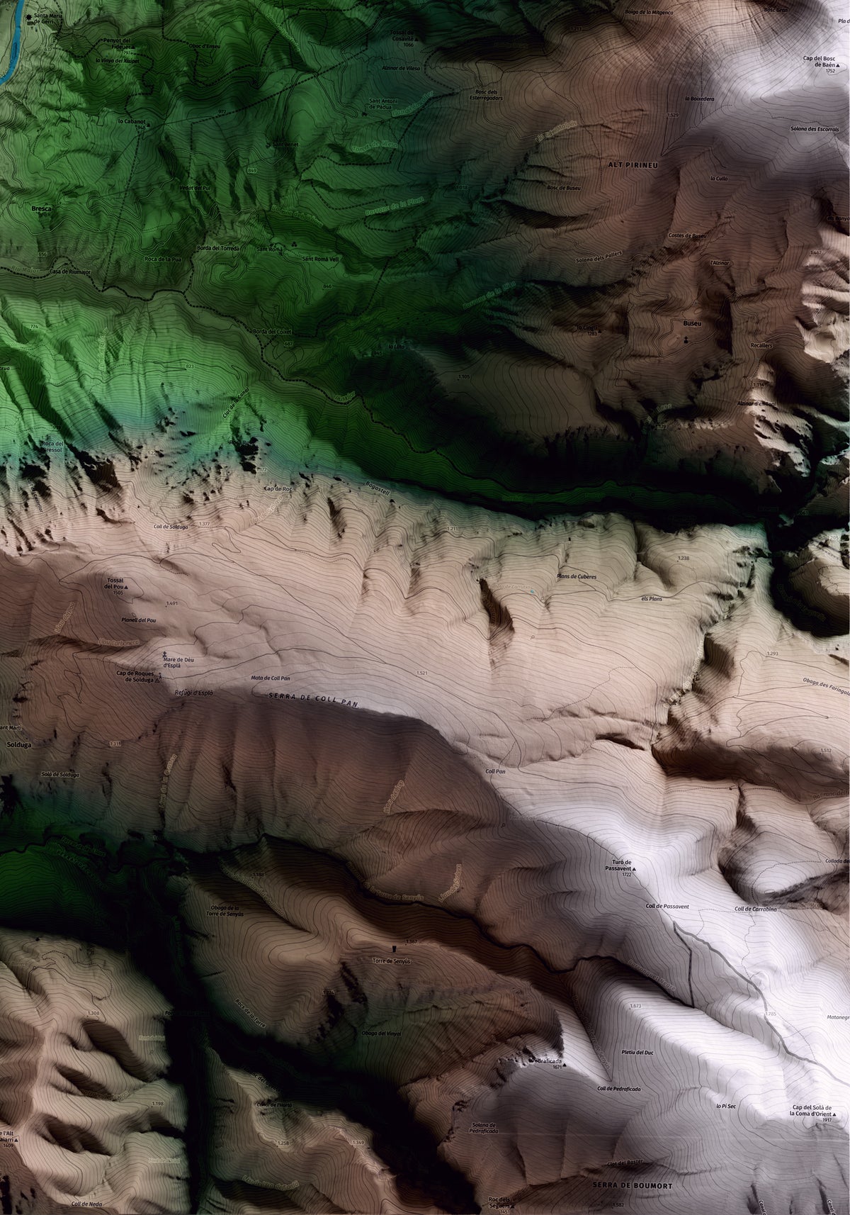 Mapa artístico del relieve de Baix Pallars, al Pallars Sobirà, con 15 km de entorno y base topográfica ICGC. Detalle de la zona inferior derecha.