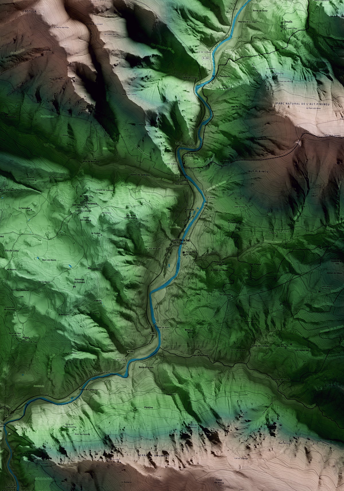 Mapa artístico del relieve de Baix Pallars, al Pallars Sobirà, con 15 km de entorno y base topográfica ICGC. Detalle de la zona central.