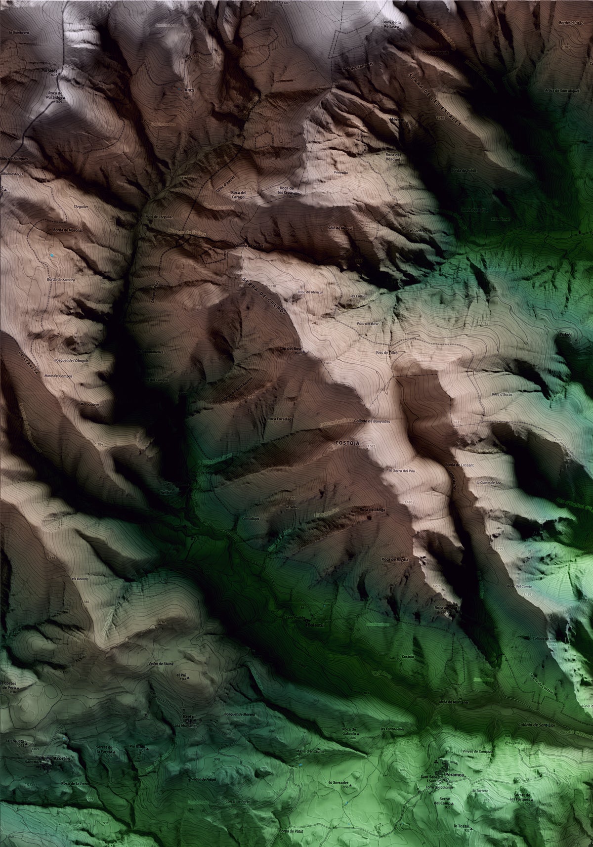 Mapa artístico del relieve de Baix Pallars, al Pallars Sobirà, con 15 km de entorno y base topográfica ICGC. Detalle de la zona superior izquierda.
