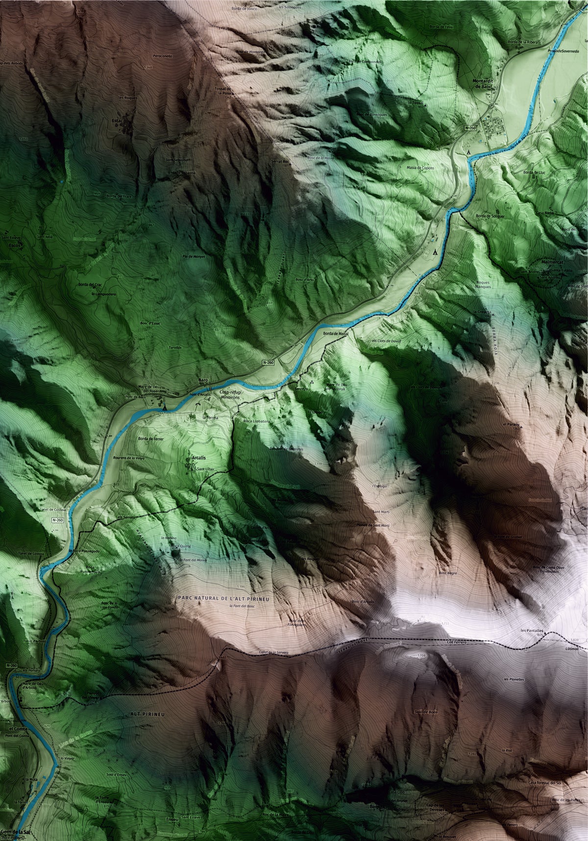 Mapa artístico del relieve de Baix Pallars, al Pallars Sobirà, con 15 km de entorno y base topográfica ICGC. Detalle de la zona superior derecha.