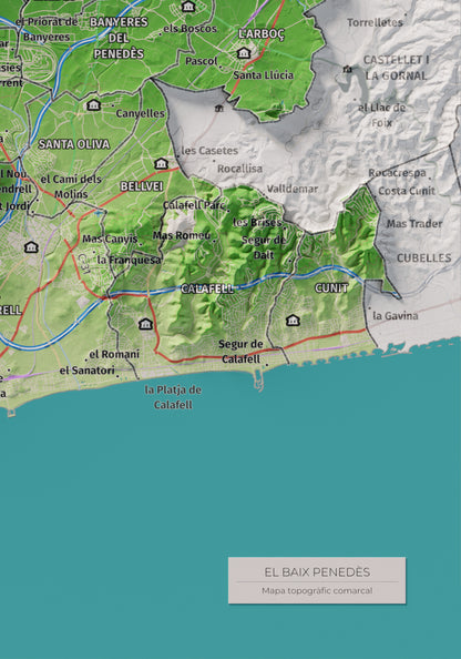 Mapa de relieve del Baix Penedès, con el territorio en color y el entorno en blanco. Detalle de la zona inferior derecha. 21 × 30 cm. Estilo Clásico.