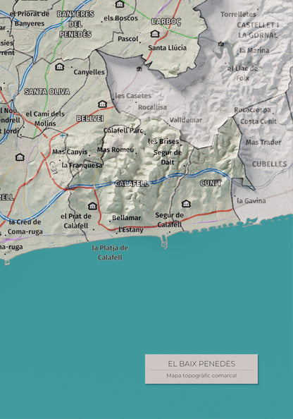 Mapa de relieve del Baix Penedès, con el territorio en color y el entorno en blanco. Detalle de la zona inferior derecha. 21 × 30 cm. Estilo Cartográfico.