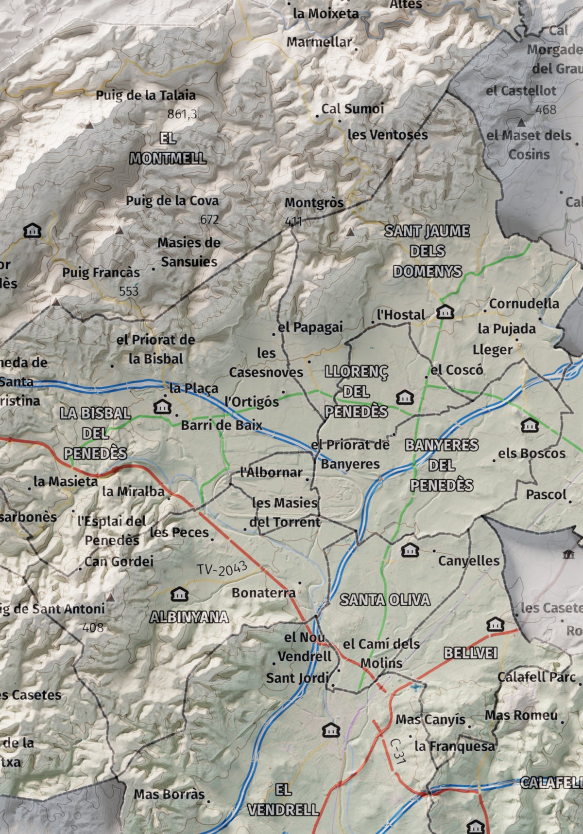 Mapa de relieve del Baix Penedès, con el territorio en color y el entorno en blanco. Detalle de la zona central. 21 × 30 cm. Estilo Cartográfico.