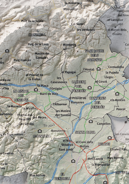 Mapa de relieve del Baix Penedès, con el territorio en color y el entorno en blanco. Detalle de la zona central. 21 × 30 cm. Estilo Cartográfico.
