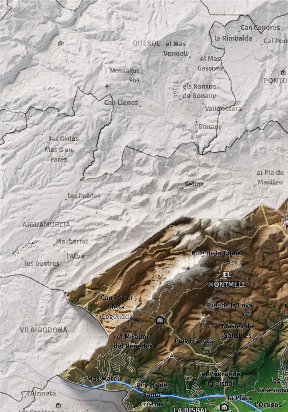 Mapa de relieve del Baix Penedès, con el territorio en color y el entorno en blanco. Detalle de la zona superior izquierda. 21 × 30 cm. Estilo Clásico.