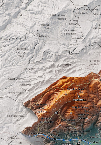 Mapa de relieve del Baix Penedès, con el territorio en color y el entorno en blanco. Detalle de la zona superior izquierda. 21 × 30 cm. Estilo Azul y naranja.
