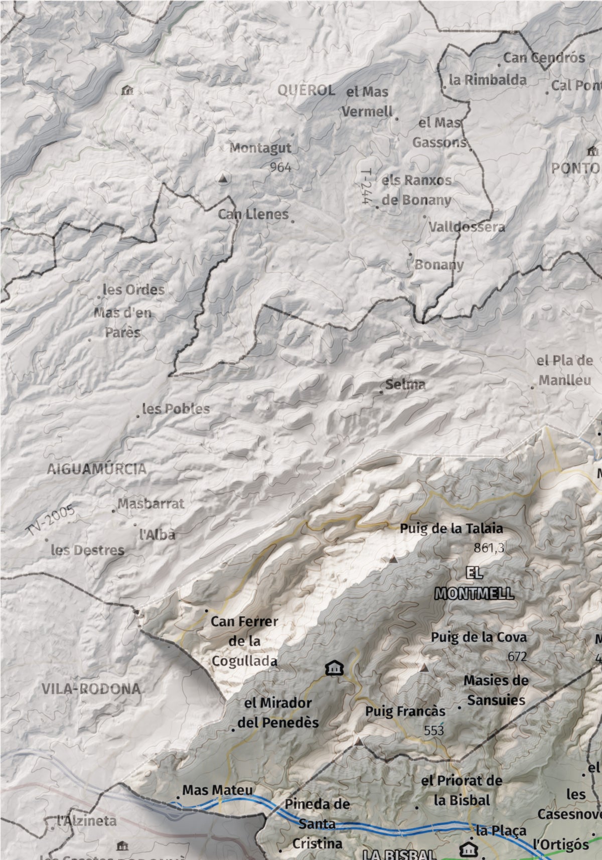 Mapa de relieve del Baix Penedès, con el territorio en color y el entorno en blanco. Detalle de la zona superior izquierda. 21 × 30 cm. Estilo Cartográfico.