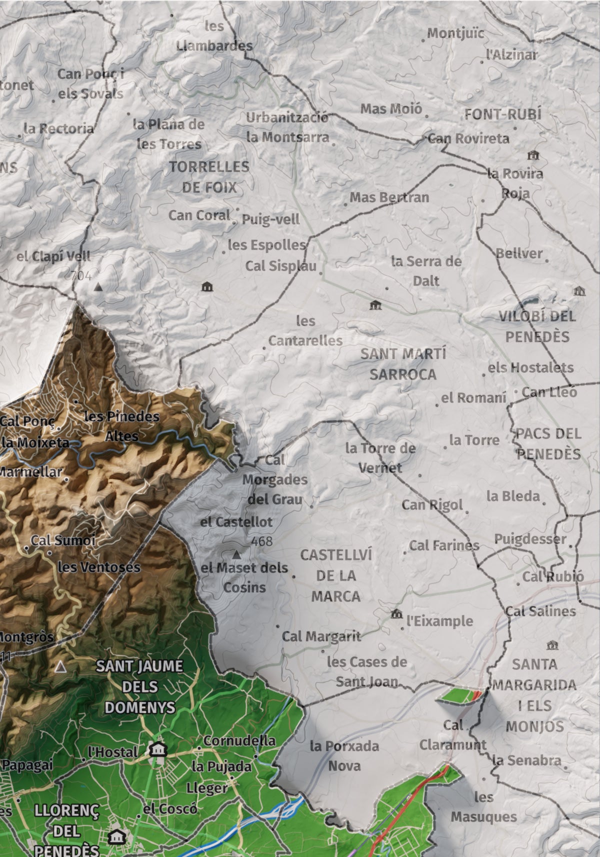 Mapa de relieve del Baix Penedès, con el territorio en color y el entorno en blanco. Detalle de la zona superior derecha. 21 × 30 cm. Estilo Clásico.
