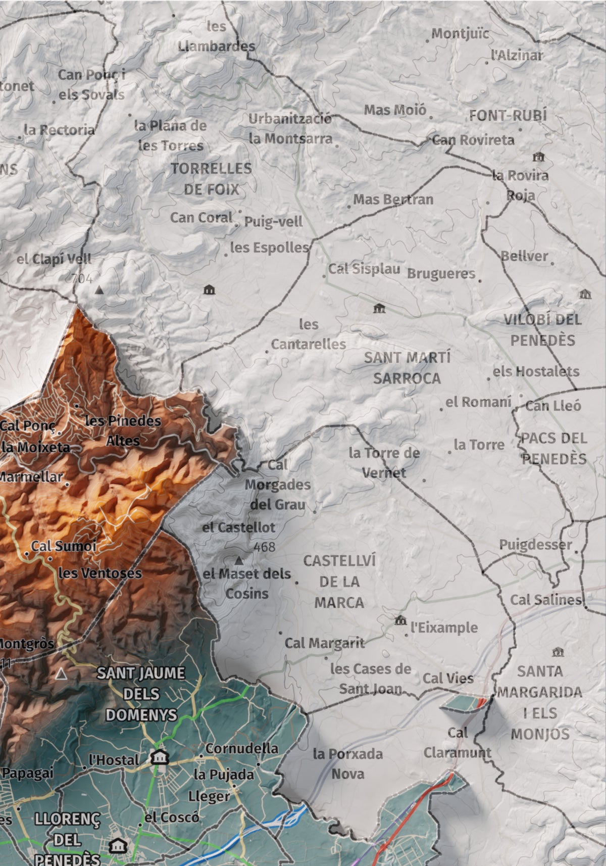 Mapa de relieve del Baix Penedès, con el territorio en color y el entorno en blanco. Detalle de la zona superior derecha. 21 × 30 cm. Estilo Azul y naranja.