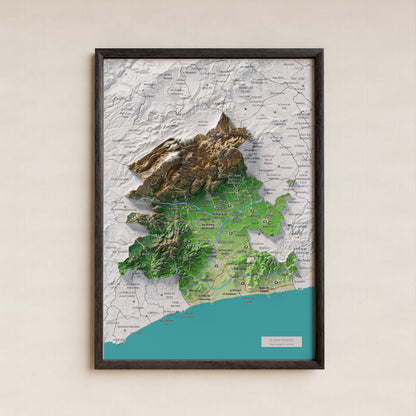 Mapa de relieve del Baix Penedès, con el territorio en color y el entorno en blanco. Presentación con marco. 21 × 30 cm. Estilo Clásico.