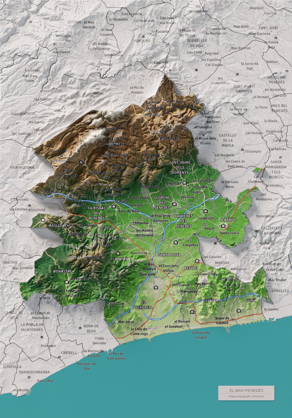 Mapa de relieve del Baix Penedès, con el territorio en color y el entorno en blanco. Vista completa de la lámina. 21 × 30 cm. Estilo Clásico.