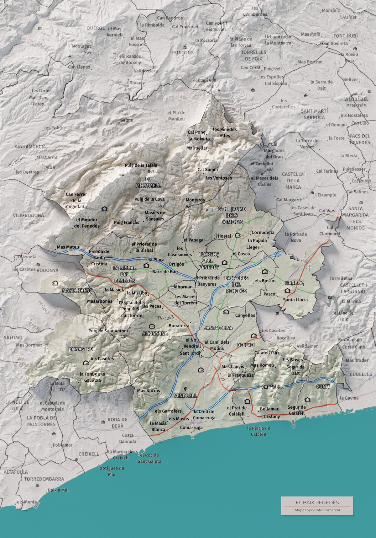 Mapa de relieve del Baix Penedès, con el territorio en color y el entorno en blanco. Vista completa de la lámina. 21 × 30 cm. Estilo Cartográfico.