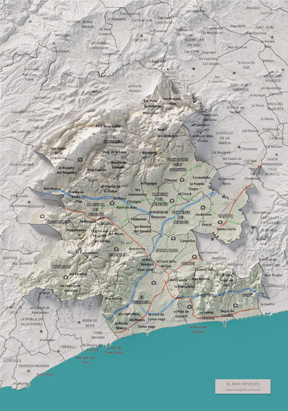 Mapa de relieve del Baix Penedès, con el territorio en color y el entorno en blanco. Vista completa de la lámina. 21 × 30 cm. Estilo Cartográfico.