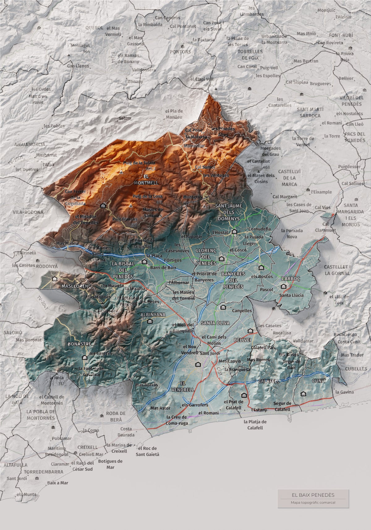 Mapa de relieve del Baix Penedès, con el territorio en color y el entorno en blanco. Vista completa de la lámina. 21 × 30 cm. Estilo Azul y naranja.